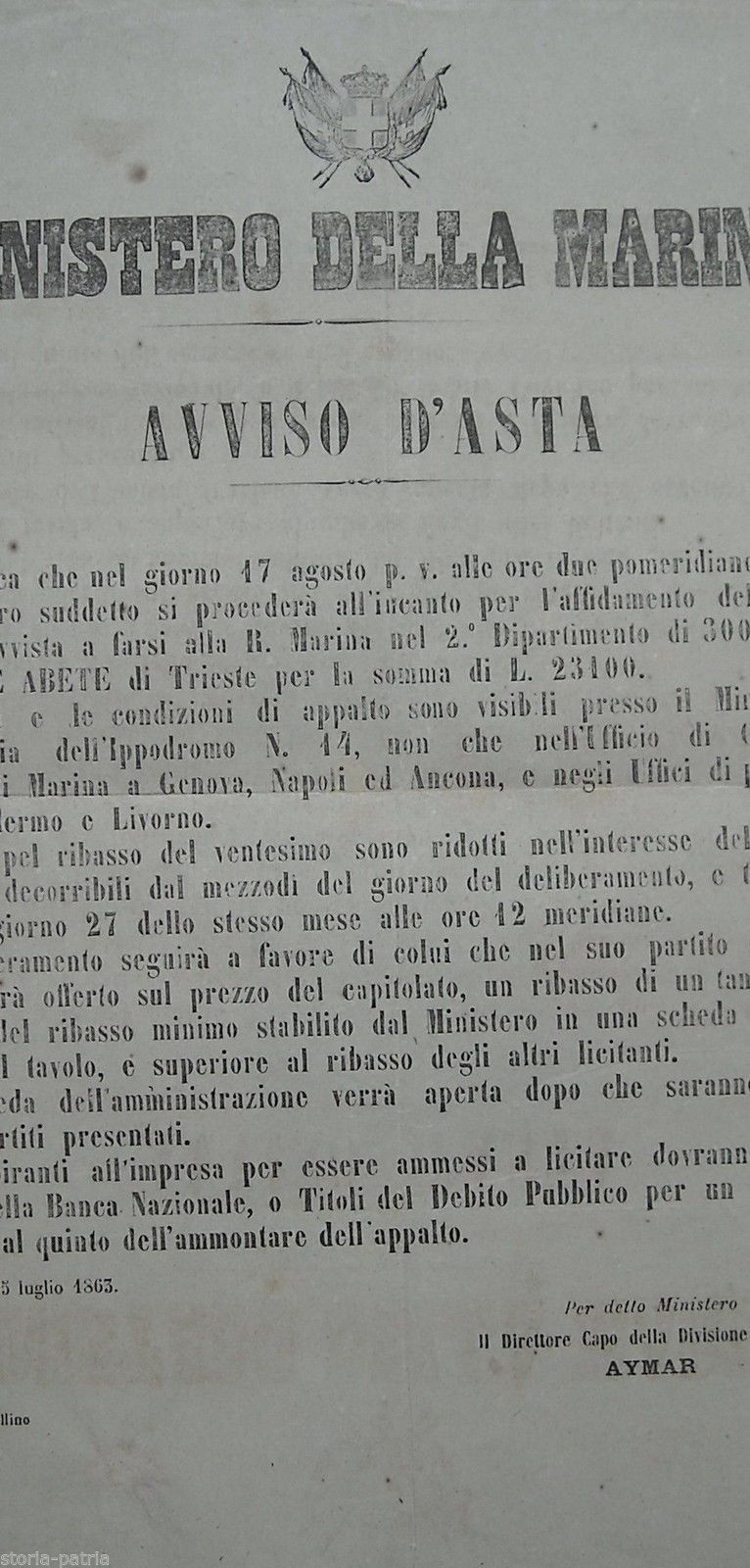 Manifesto Asta Marina 1863 Araldica Savoia Torino Legna Trieste