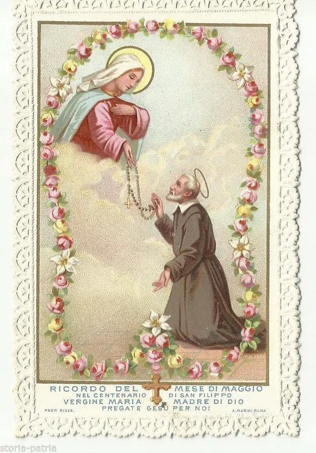 Lace-Edged Holy Card with Our Lady of the Rosary and Saint Philip Neri, Rome, 1900