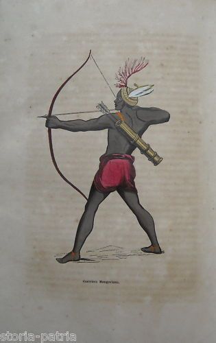 Guerriero Mangoviano, Oceania. Stampa Antica Colorata A Mano, 1850 Circa