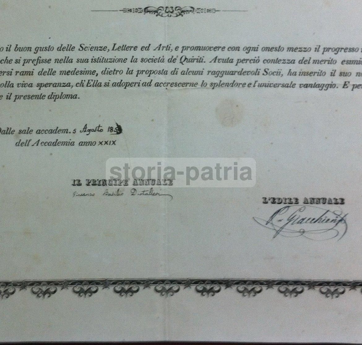 Diploma Dell'Accademia Dei Quiriti (1865) Gian Vincenzo Gravina