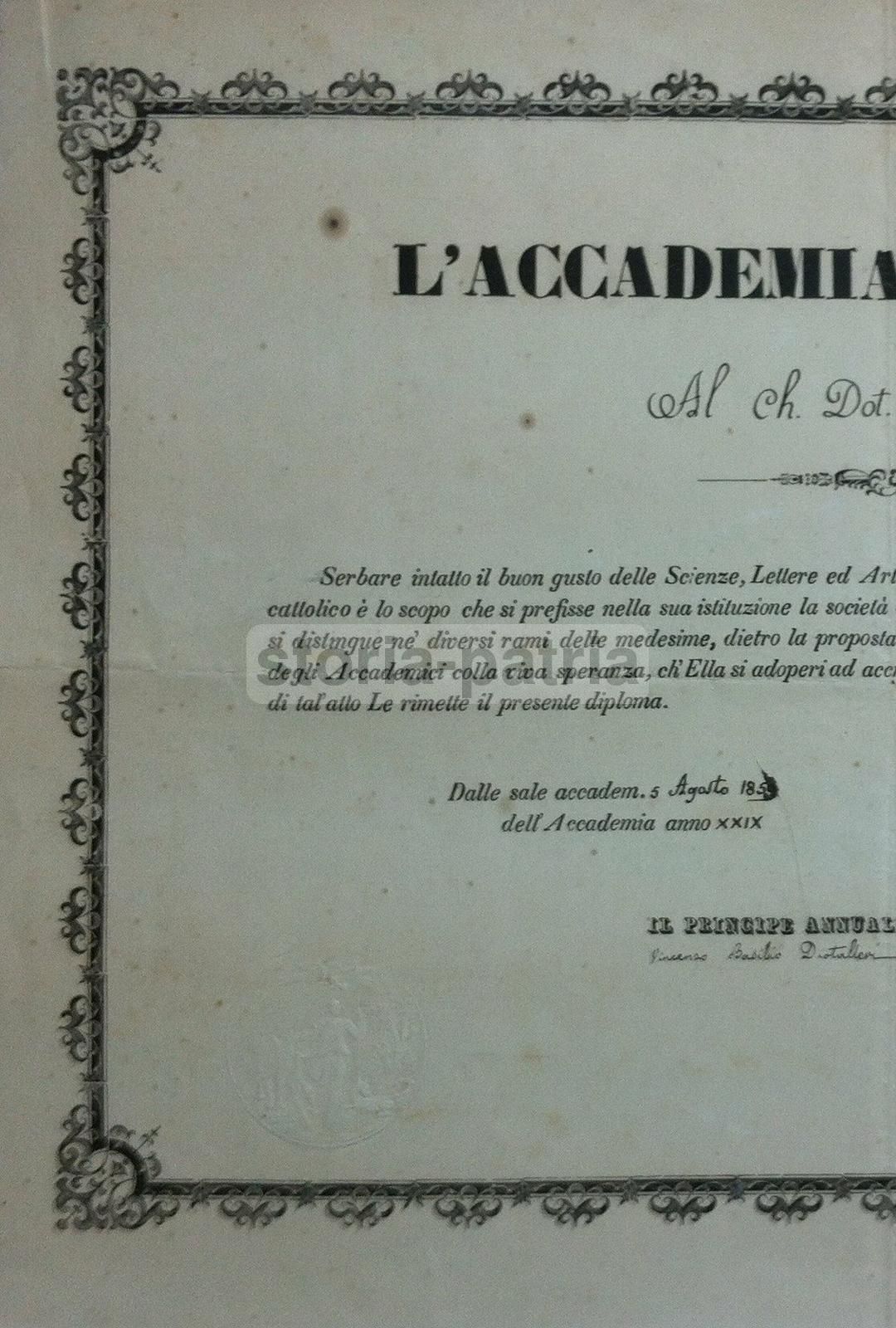 Diploma Dell'Accademia Dei Quiriti (1865) Gian Vincenzo Gravina