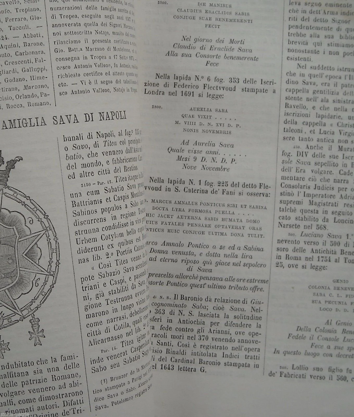 Heraldic Genealogical Diplomatic Journal 1874: Marzano, Sava, Quaranta Families