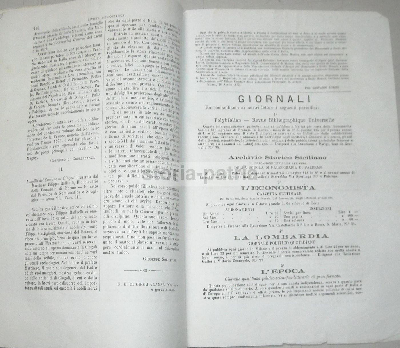 Giornale Araldico Genealogico (1875) – Famiglia Folicaldi, Fermo, Genova