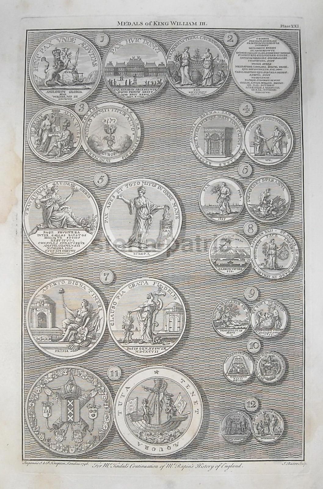 Medaglie Di Re Guglielmo III. Incisione Di Basire, Knapton, 1746. Araldica E Numismatica.