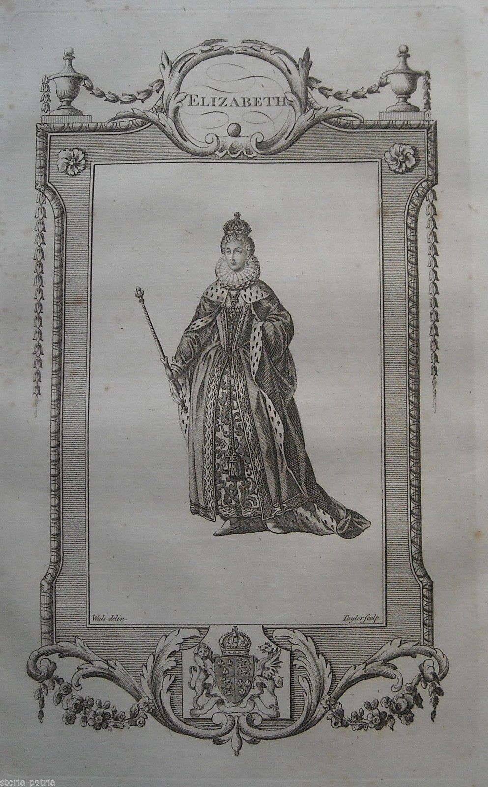 Incisione Antica Regina Elisabetta d'Inghilterra, Fine XVIII Secolo
