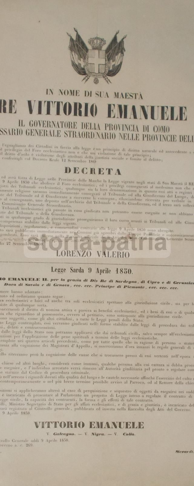 Decreto Abolizione Foro Ecclesiastico 1860 Vittorio Emanuele II