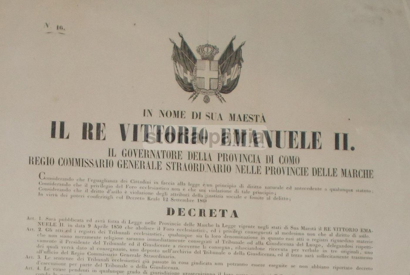 Decreto Abolizione Foro Ecclesiastico 1860 Vittorio Emanuele II