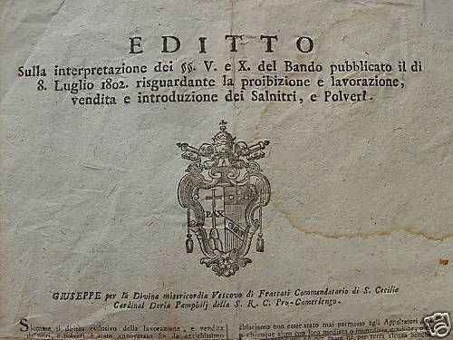 Editto Sui Salnitri E Polveri, Stato Della Chiesa, Marche, 1803