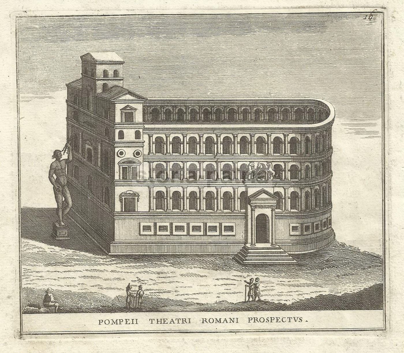 Antica Incisione: Anfiteatro Di Pompei, Architettura Romana. Acquaforte