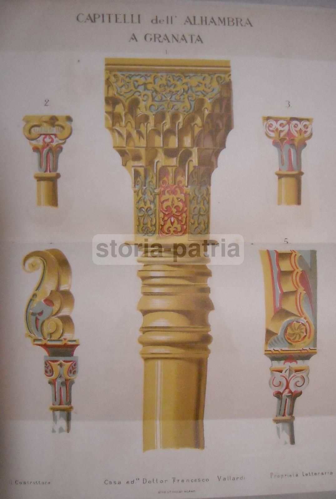 Capitelli Dell'Alhambra A Granada: Stampa Cromolitografica Antica Vallardi