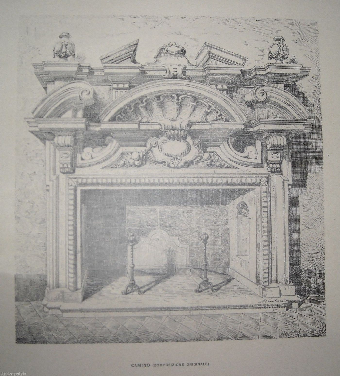 Stampa Antica Camino Architettura Seicento Con Alari Decorativi