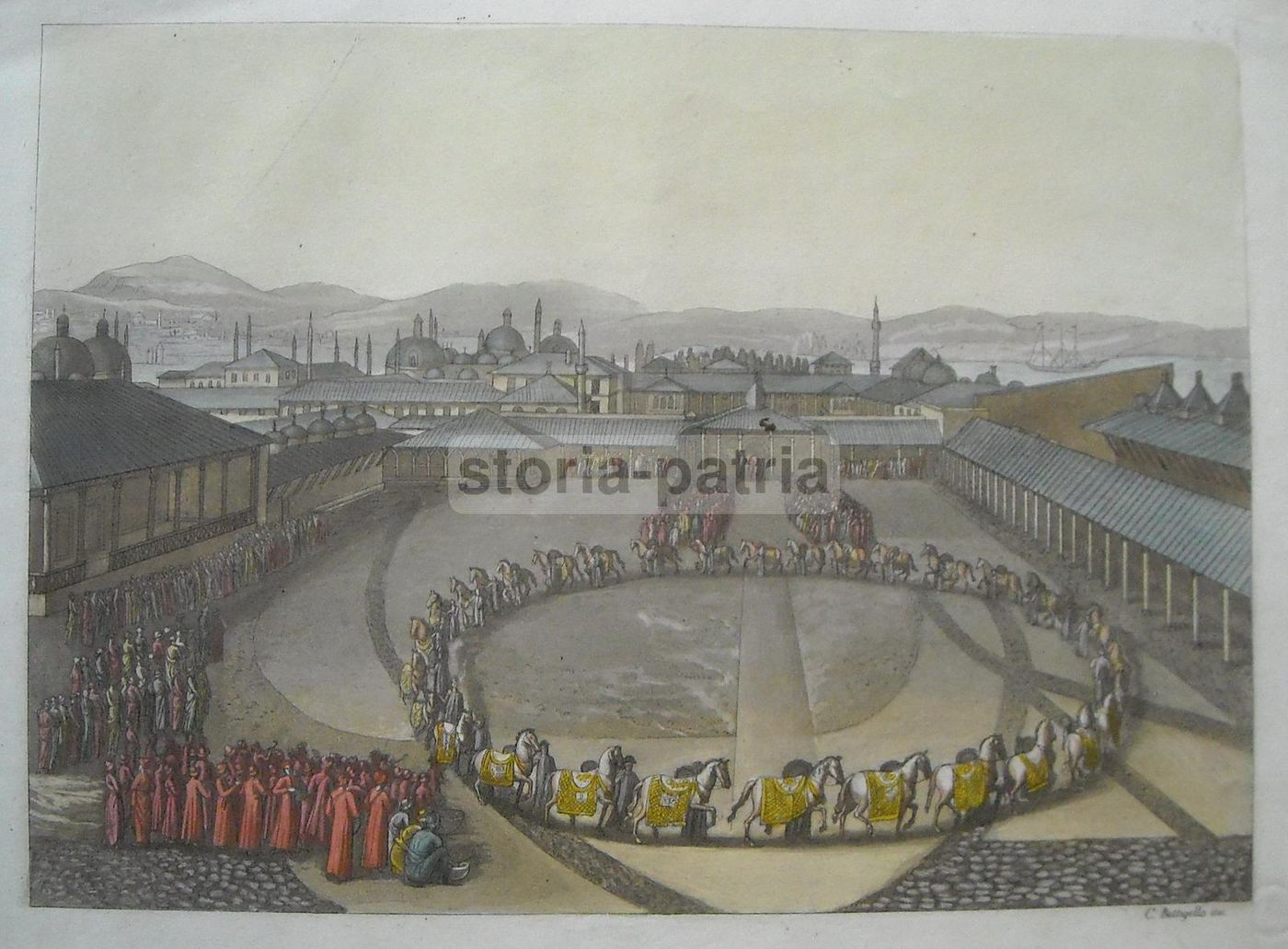 Antica Incisione Parata Istanbul Battigella Acquerellata '800