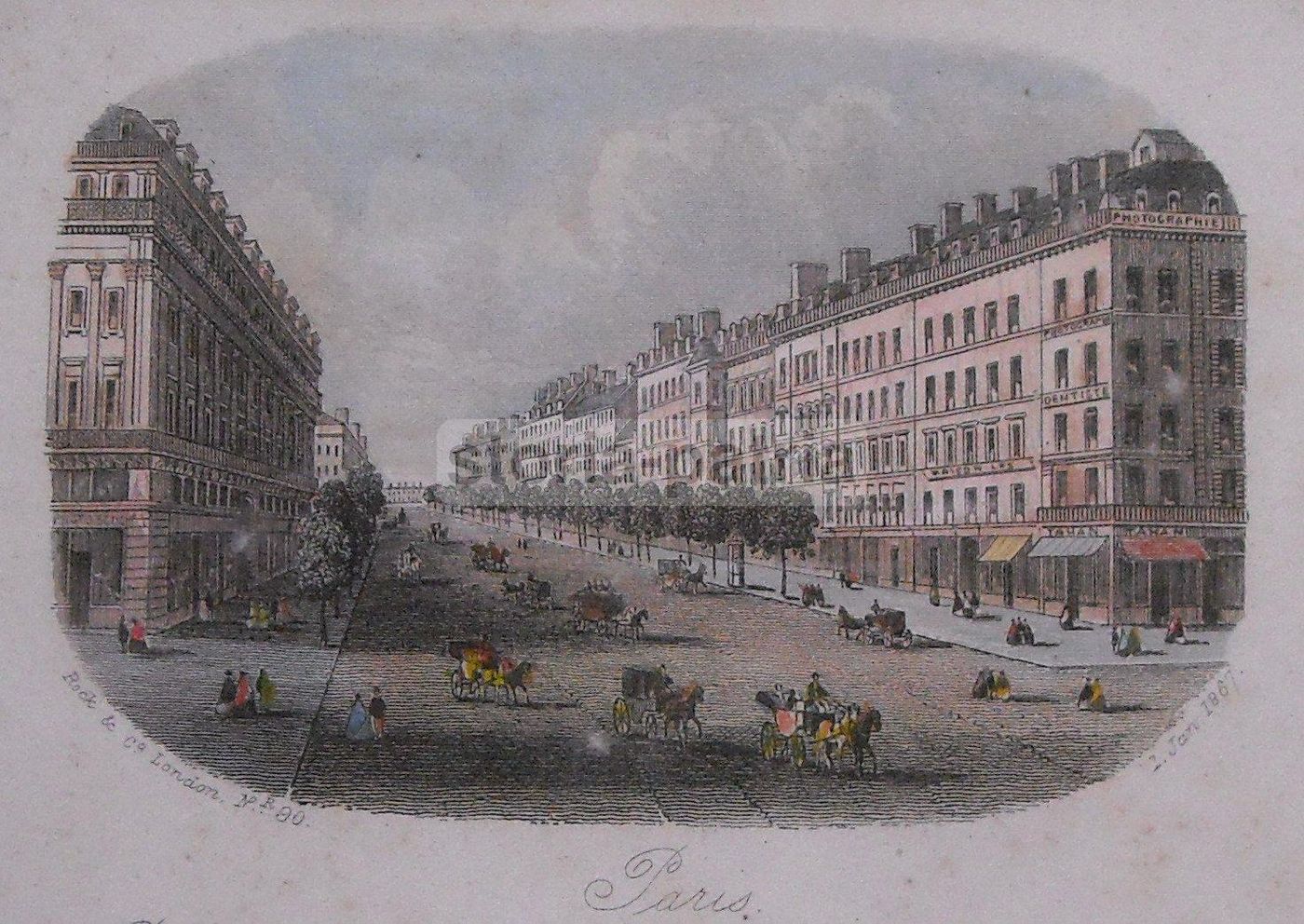 Veduta Antica Boulevard Des Capucines, Parigi 1867. Incisione Colorata