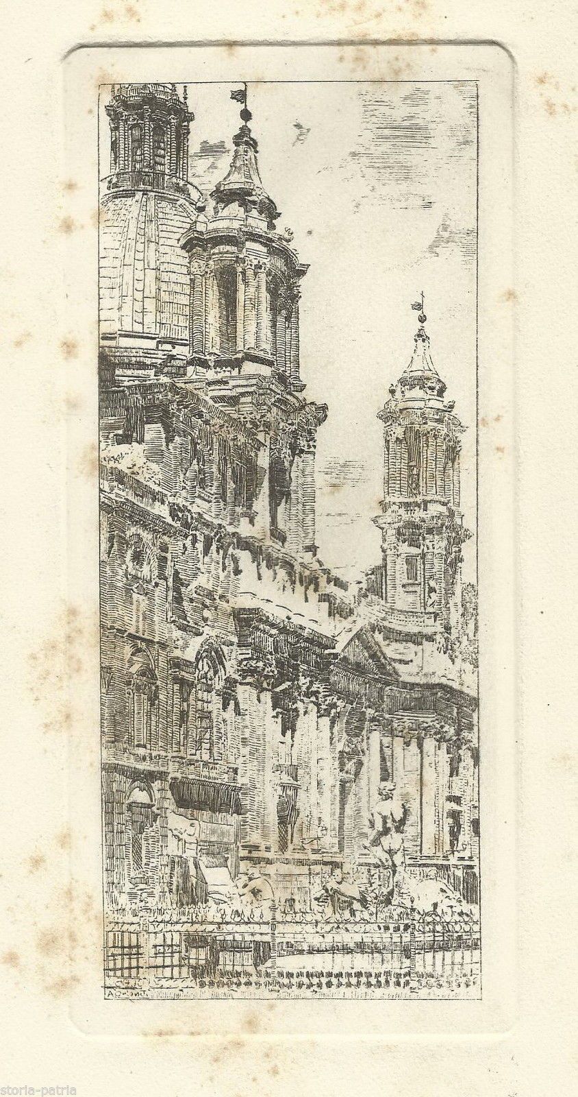 Antica Incisione: Veduta Di Palazzo E Fontana Monumentale, Anni '20
