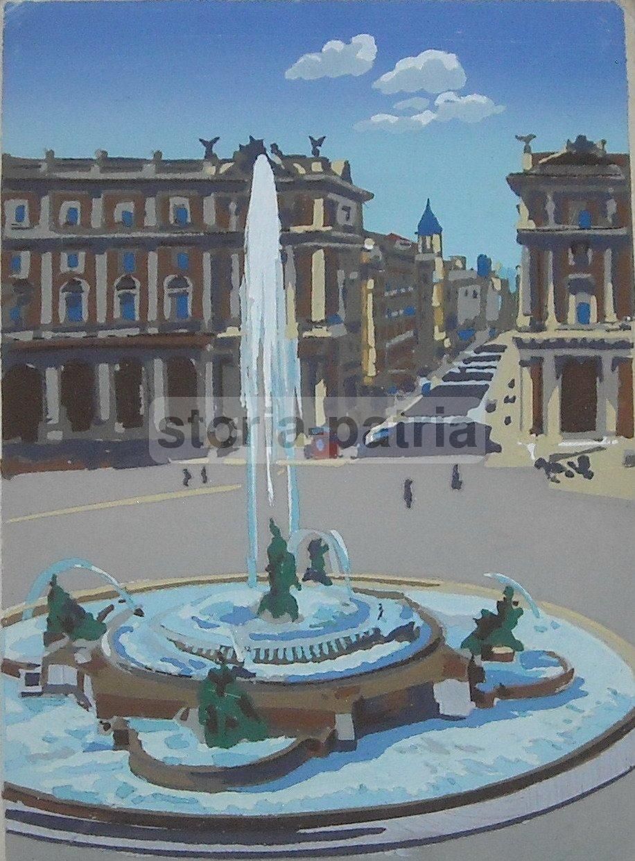 Veduta Storica Con Fontana Monumentale, Pochoir, Anni 1930 1950