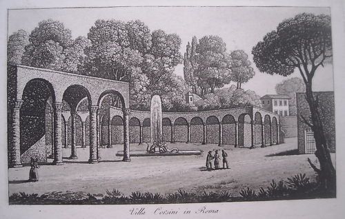 Villa Corsini, Roma: Stampa Antica Dell'Ottocento All'Acquaforte Con Porticato E Fontana