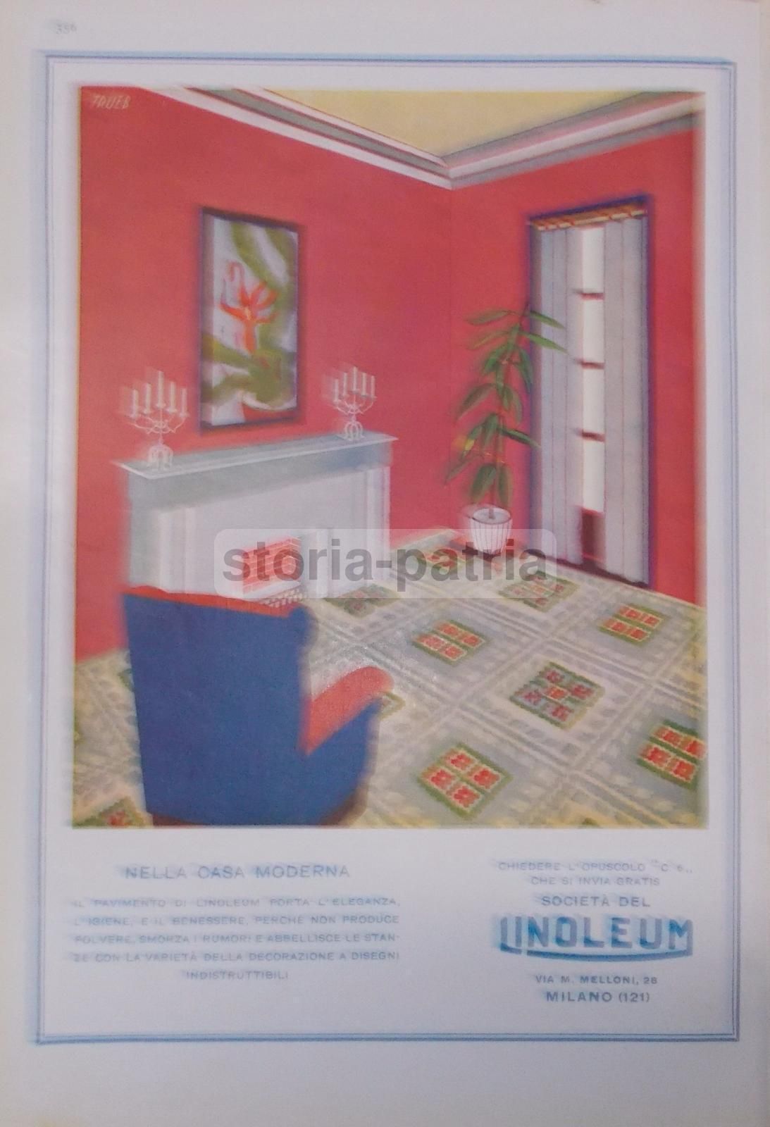 Pubblicità Linoleum 1928 Trueb Con Standard Motor Oil E Benzina Lampo