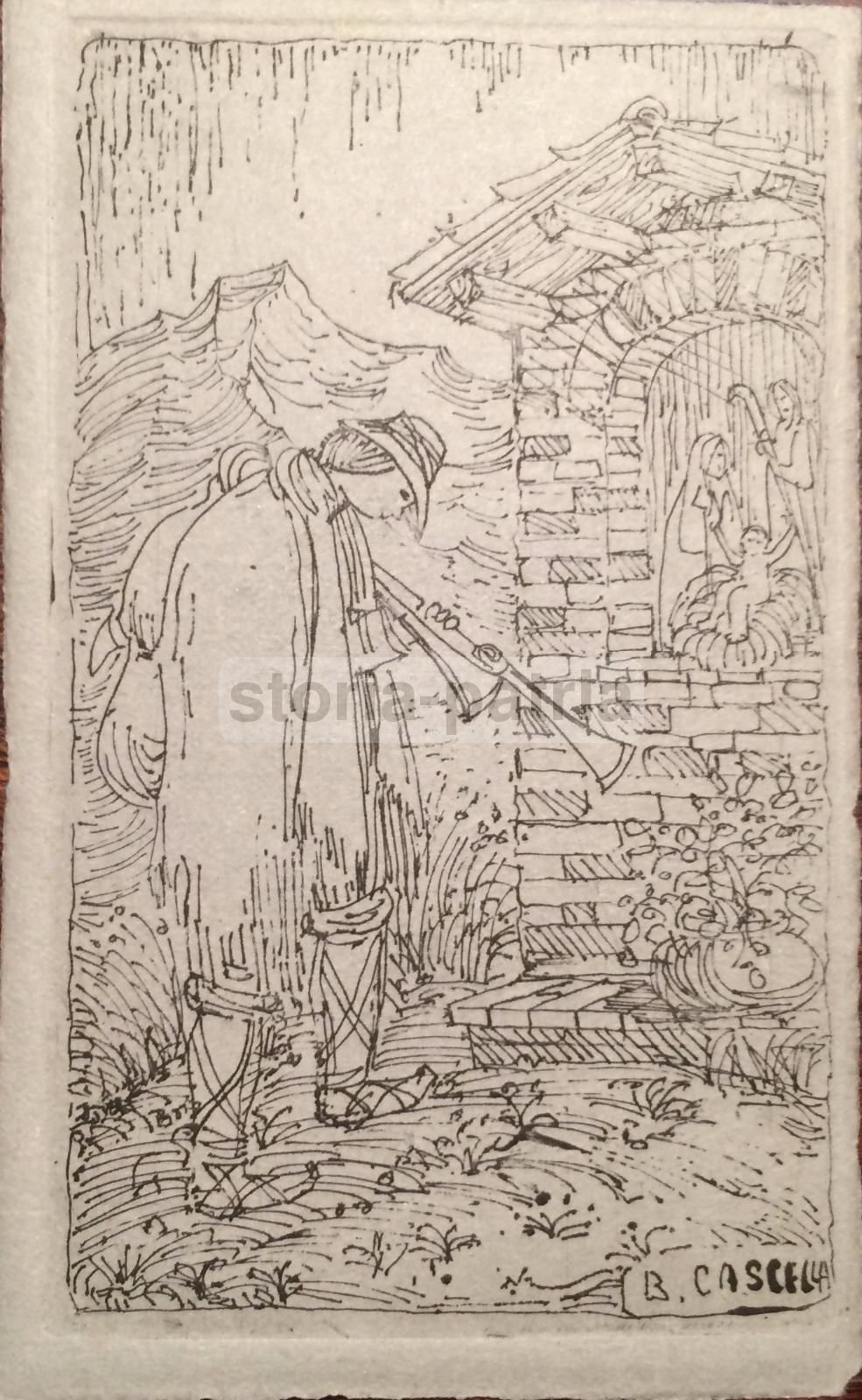 Incisione Basilio Cascella Zampognaro Natività Abruzzo '900
