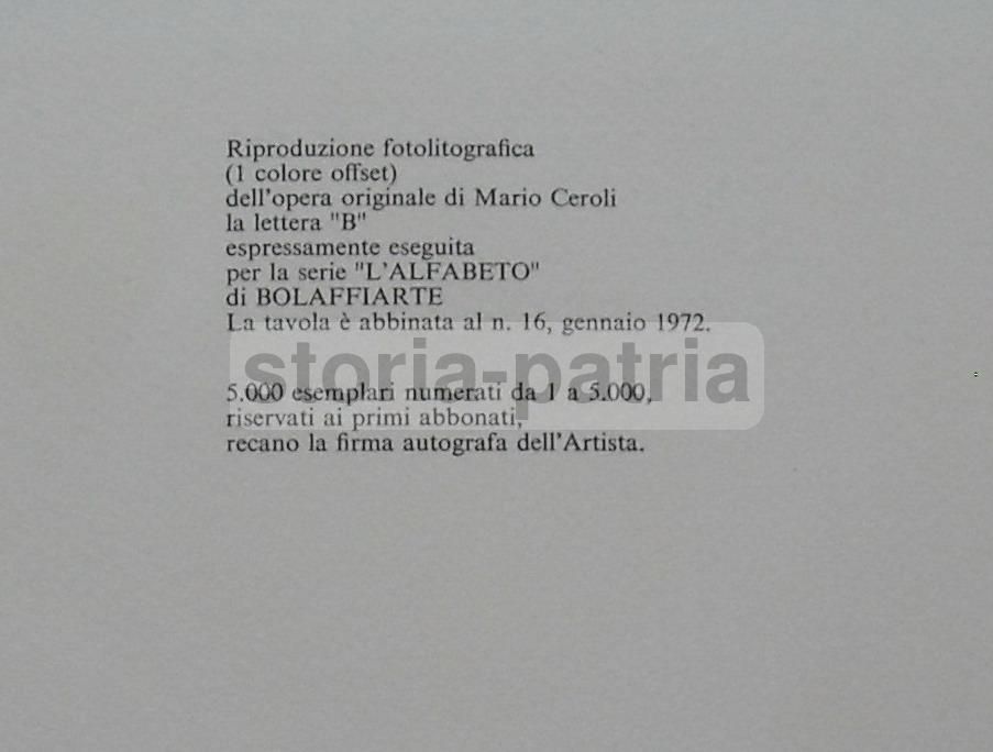 Mario Ceroli, Lettera B, Alfabeto Bolaffi, 1972, Grafica Autografata