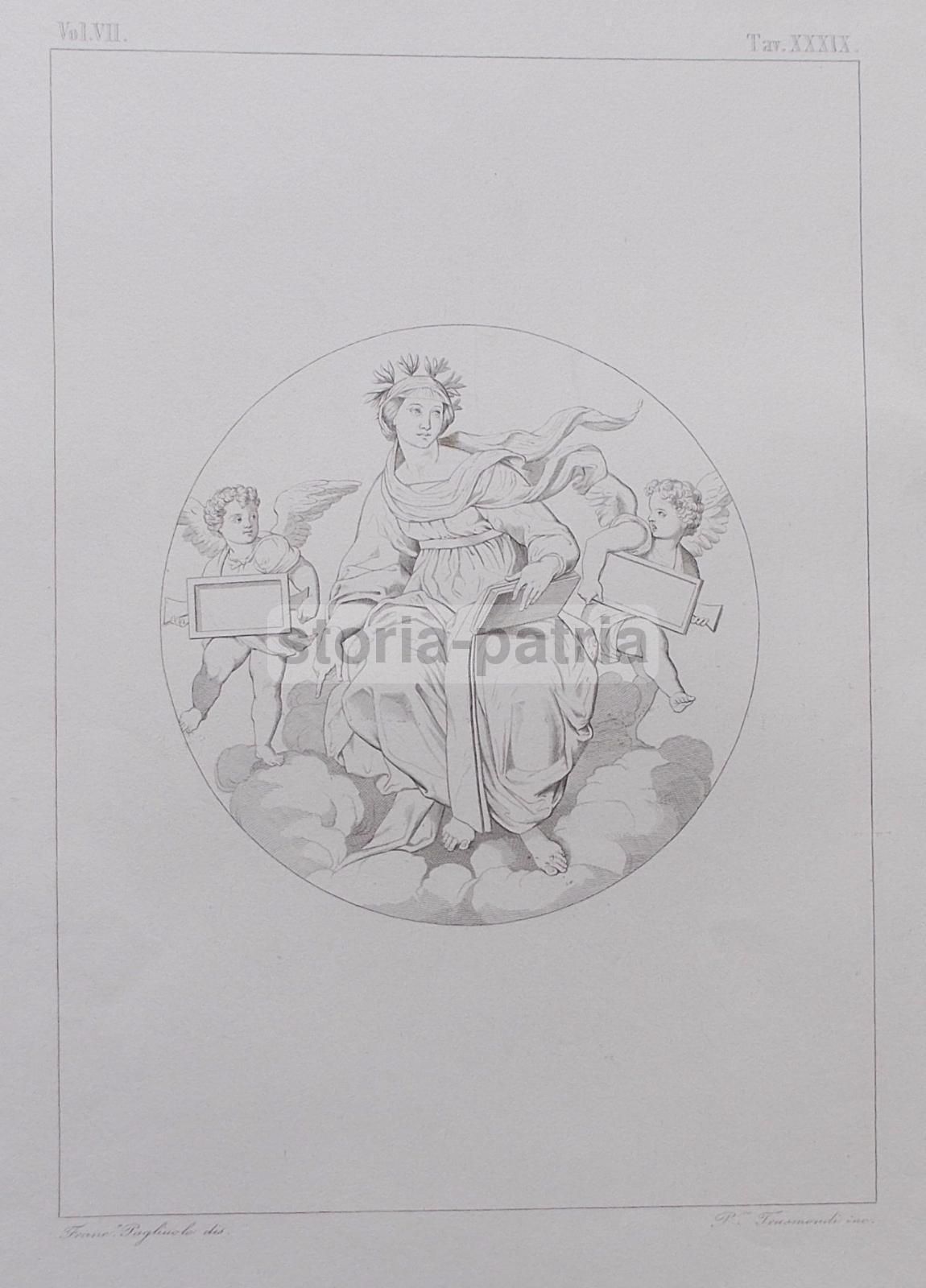 Incisione Antica Allegoria Con Angeli, Pietro Trasmondi Su Disegno Di Francesco Pagliuolo, XIX Secolo