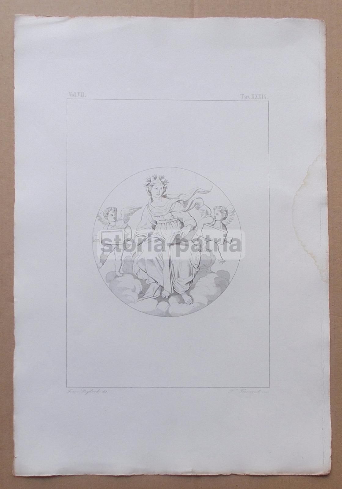 Incisione Antica Allegoria Con Angeli, Pietro Trasmondi Su Disegno Di Francesco Pagliuolo, XIX Secolo