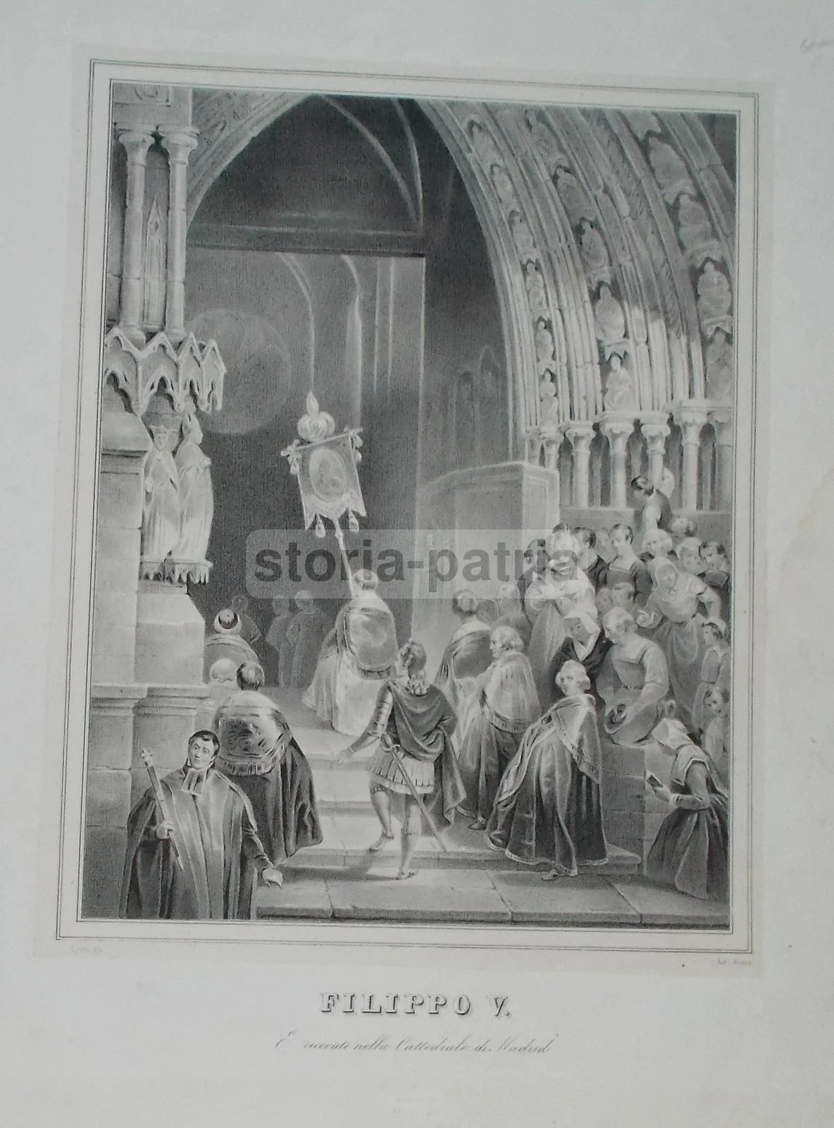 Litografia Filippo V nella Cattedrale di Madrid, Prota e Zezon, Napoli, Metà Xix Secolo