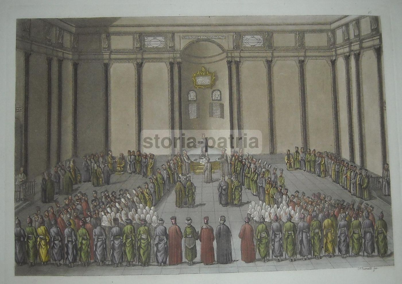 Incisione Colorata Di Bonatti, XIX Secolo, Tribunale Turco Con Gran Visir