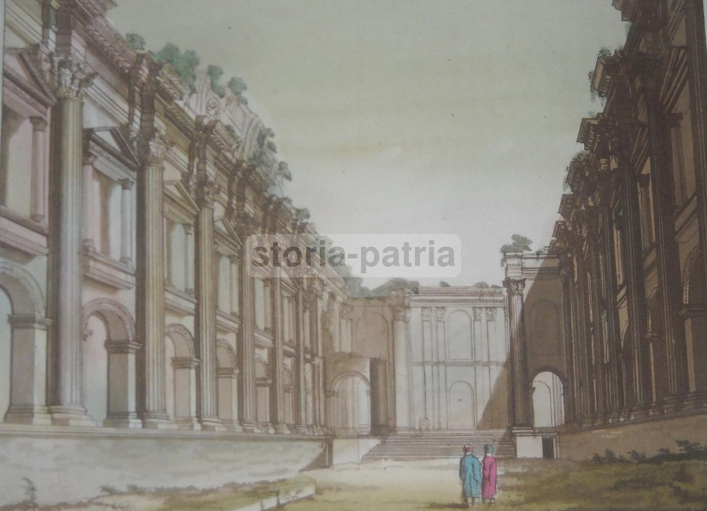 Antico Tempio Della Magna Grecia, Incisione Colorata, Rossi E Biasioli, XIX Secolo