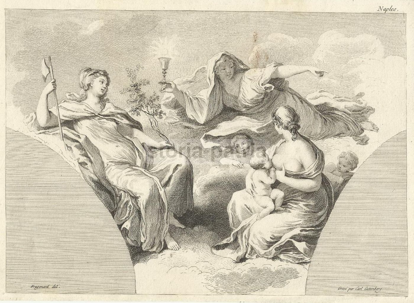 Incisione Allegorica (Solimena Guttenberg Fragonard), Napoli, Fine XVIII Secolo