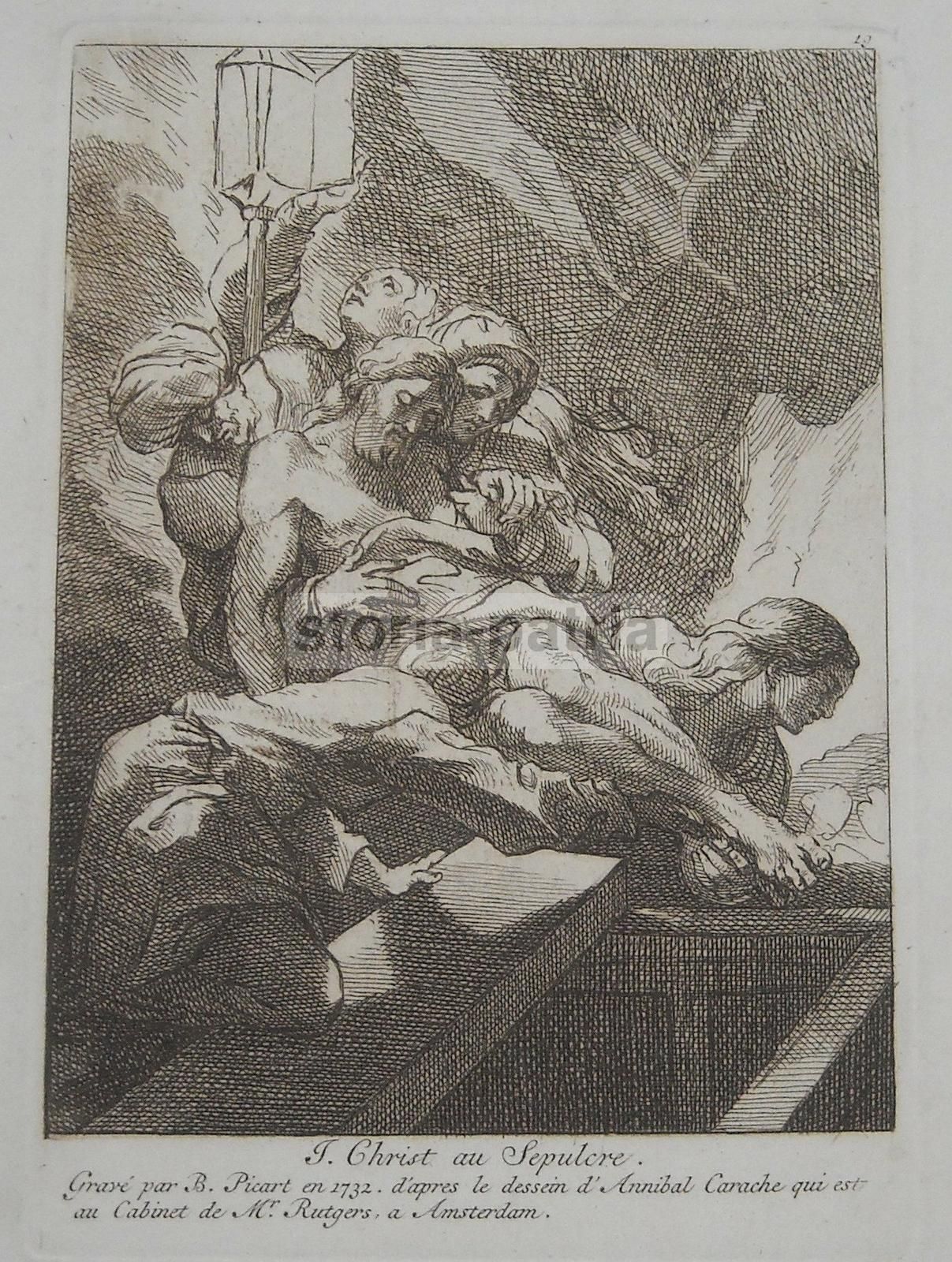 Incisione Carracci Picart 1732, Cristo Al Sepolcro, Amsterdam