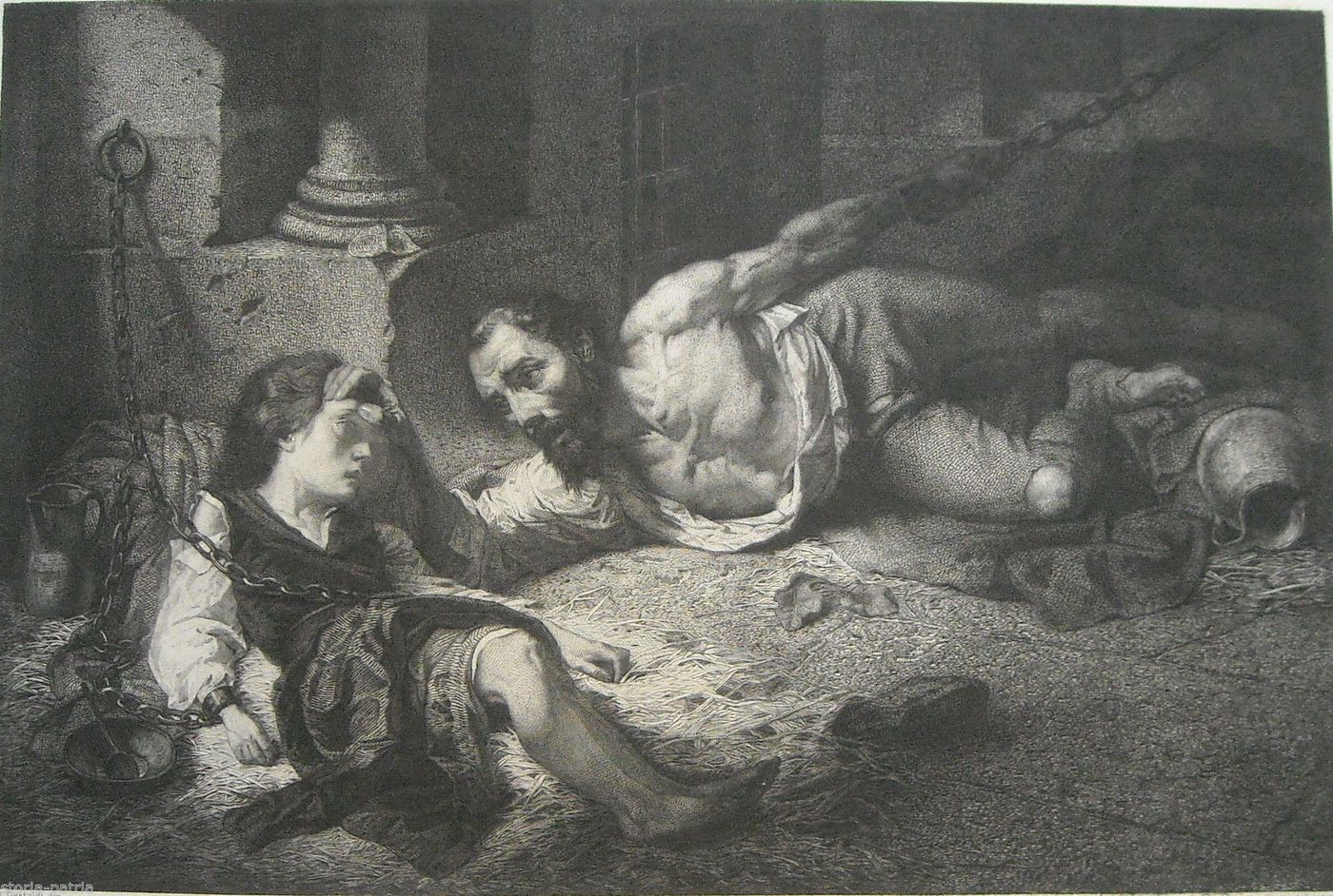 Incisione Antica Di Alberto Gilli Da Andrea Gastaldi: I Prigionieri Di Chillon, 1864