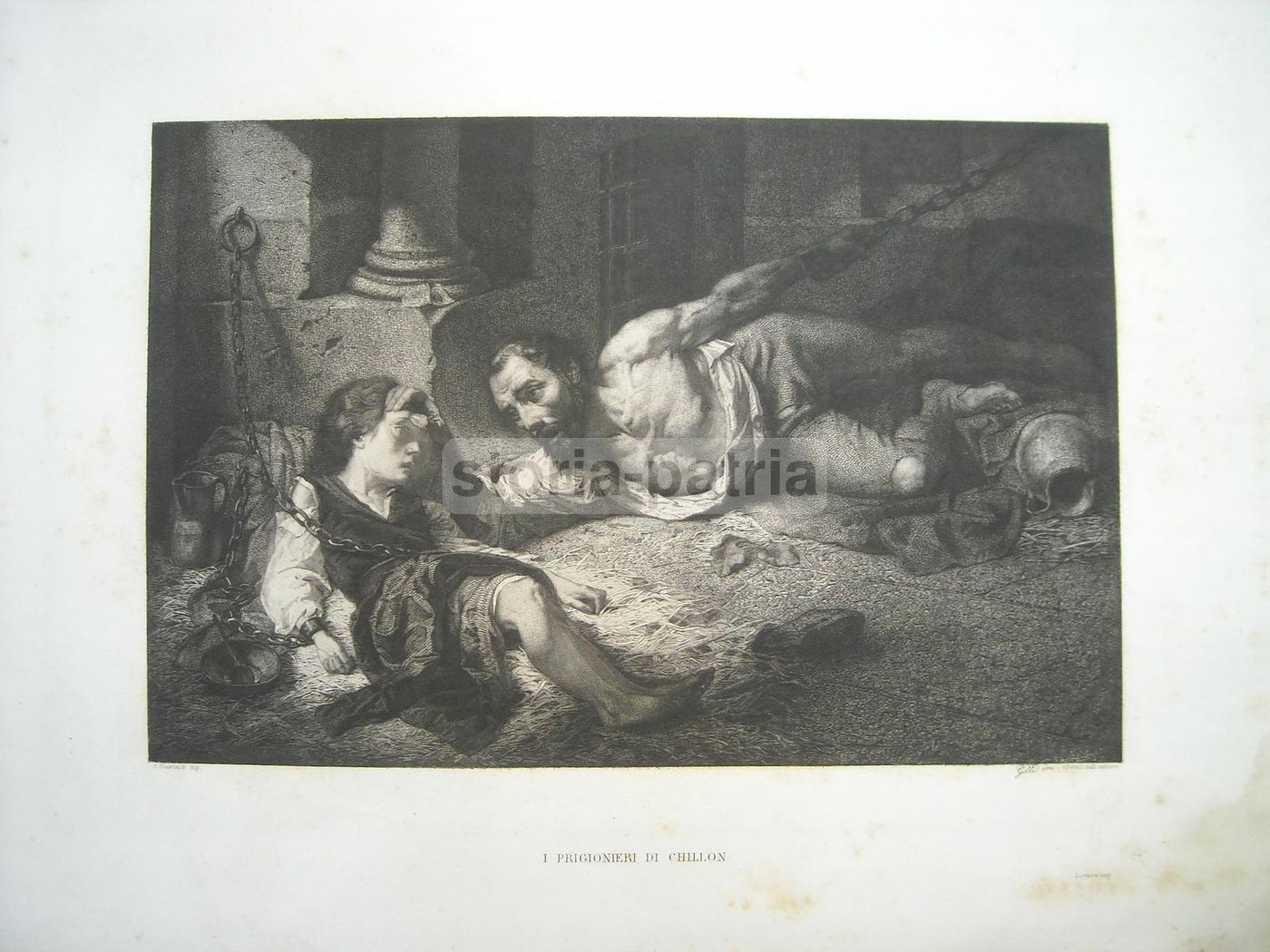 Incisione Antica Di Alberto Gilli Da Andrea Gastaldi: I Prigionieri Di Chillon, 1864