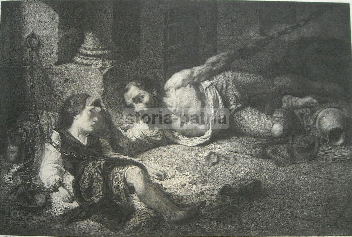 Incisione Antica Di Alberto Gilli Da Andrea Gastaldi: I Prigionieri Di Chillon, 1864