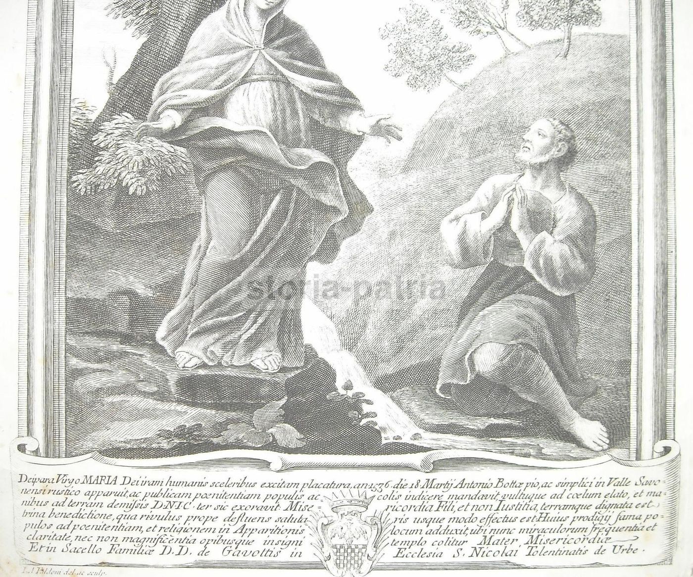Incisione Antica: Madonna Della Misericordia, Savona, Faldoni, XVIII Secolo