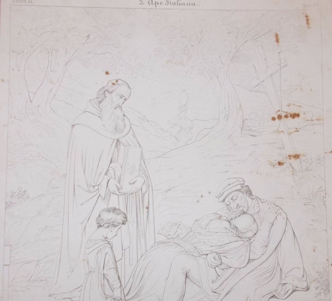 Incisione Antica "La Morte Di Correggio"   Wenzel, Cortazzo, Küchler (XIX Secolo)