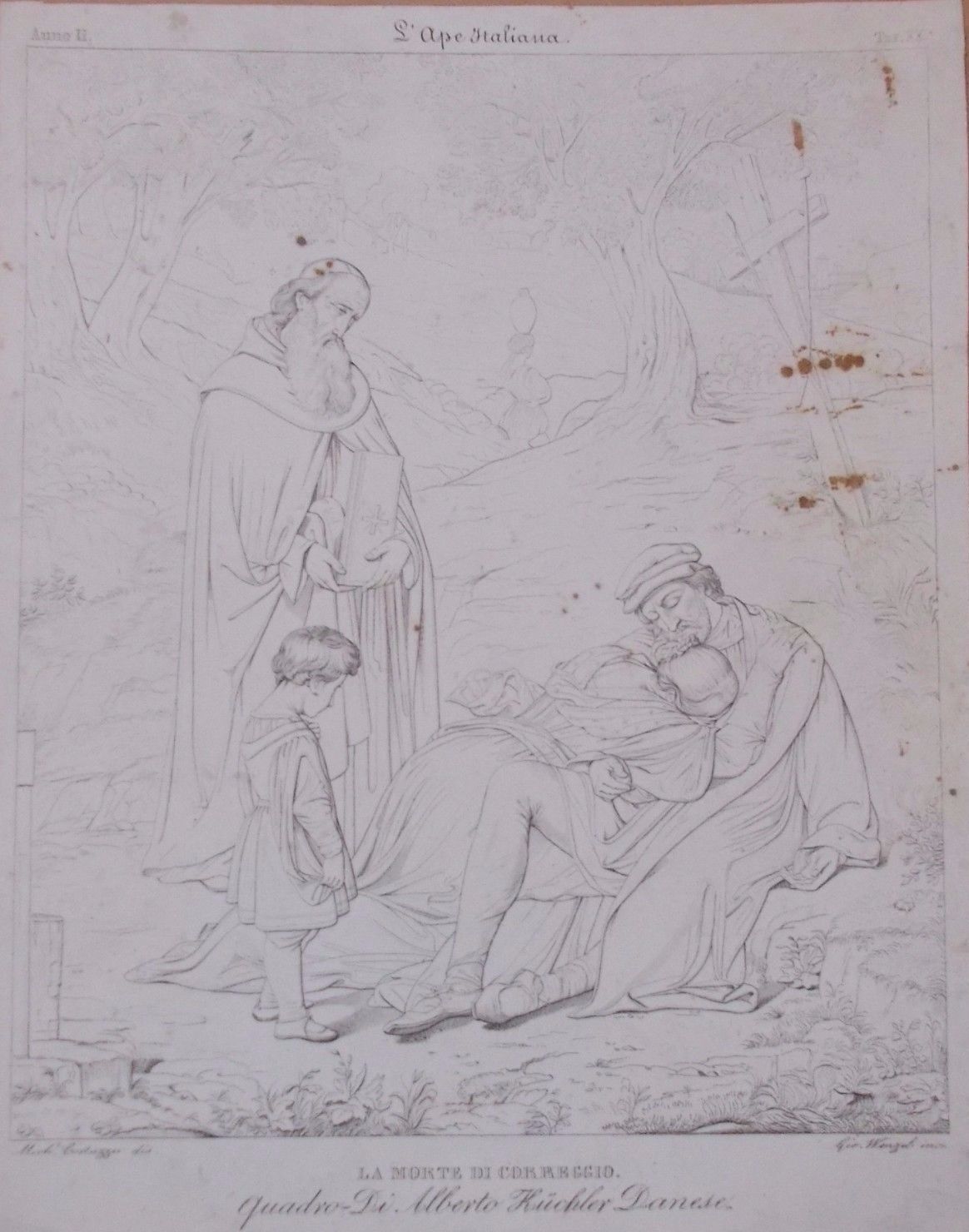 Incisione Antica "La Morte Di Correggio"   Wenzel, Cortazzo, Küchler (XIX Secolo)