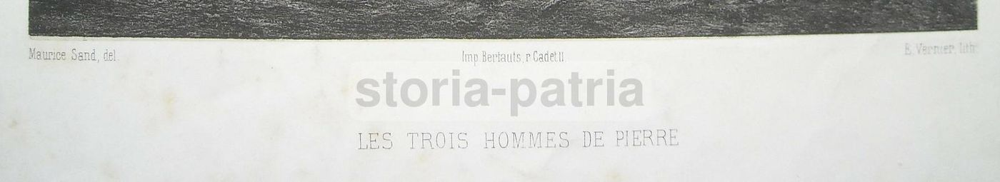 Litografia Antica Maurice Sand Vernier 1860 Les Trois Hommes De Pierre