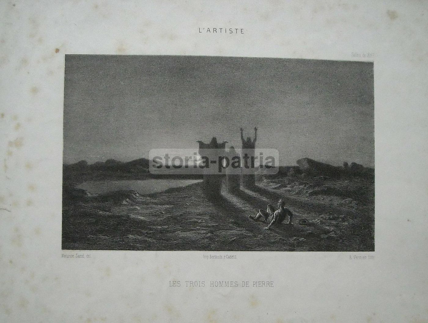 Litografia Antica Maurice Sand Vernier 1860 Les Trois Hommes De Pierre