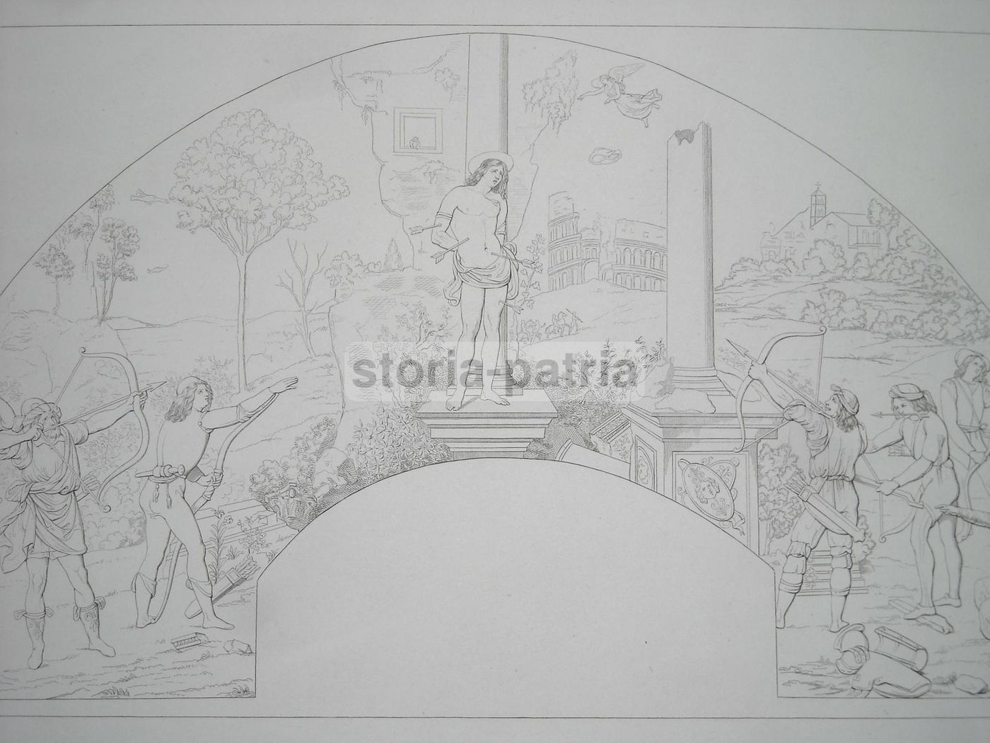 Incisione San Sebastiano, Garzoli E Fattore, Lunetta Antica, XIX Secolo