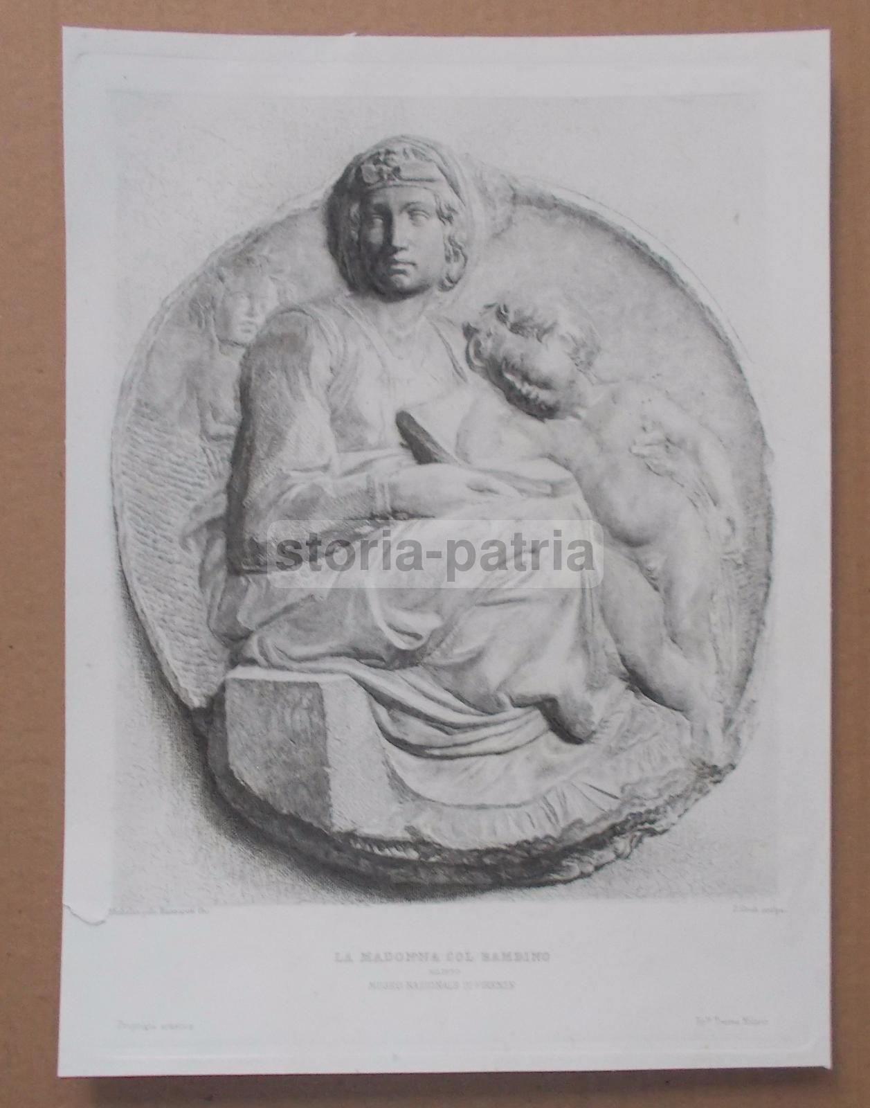 Stampa Antica: Madonna Col Bambino (Michelangelo). Incisione Di J. Groh, XIX Secolo