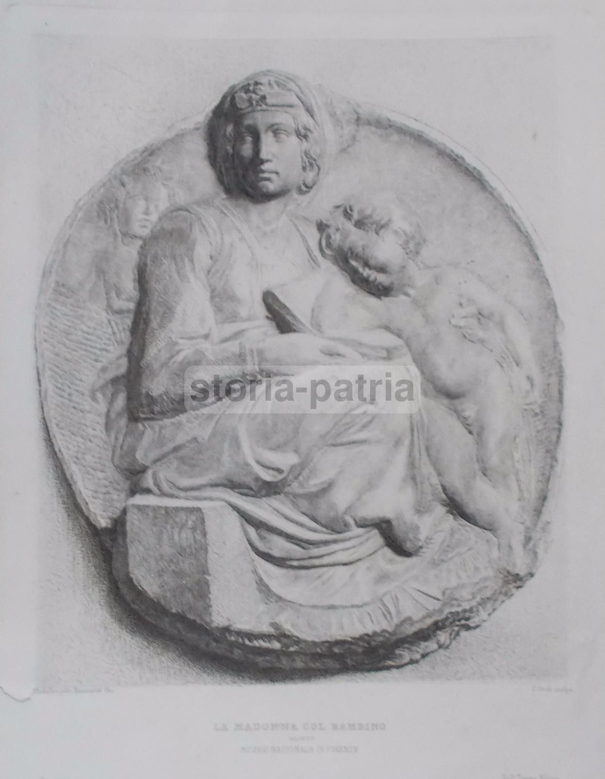 Stampa Antica: Madonna Col Bambino (Michelangelo). Incisione Di J. Groh, XIX Secolo
