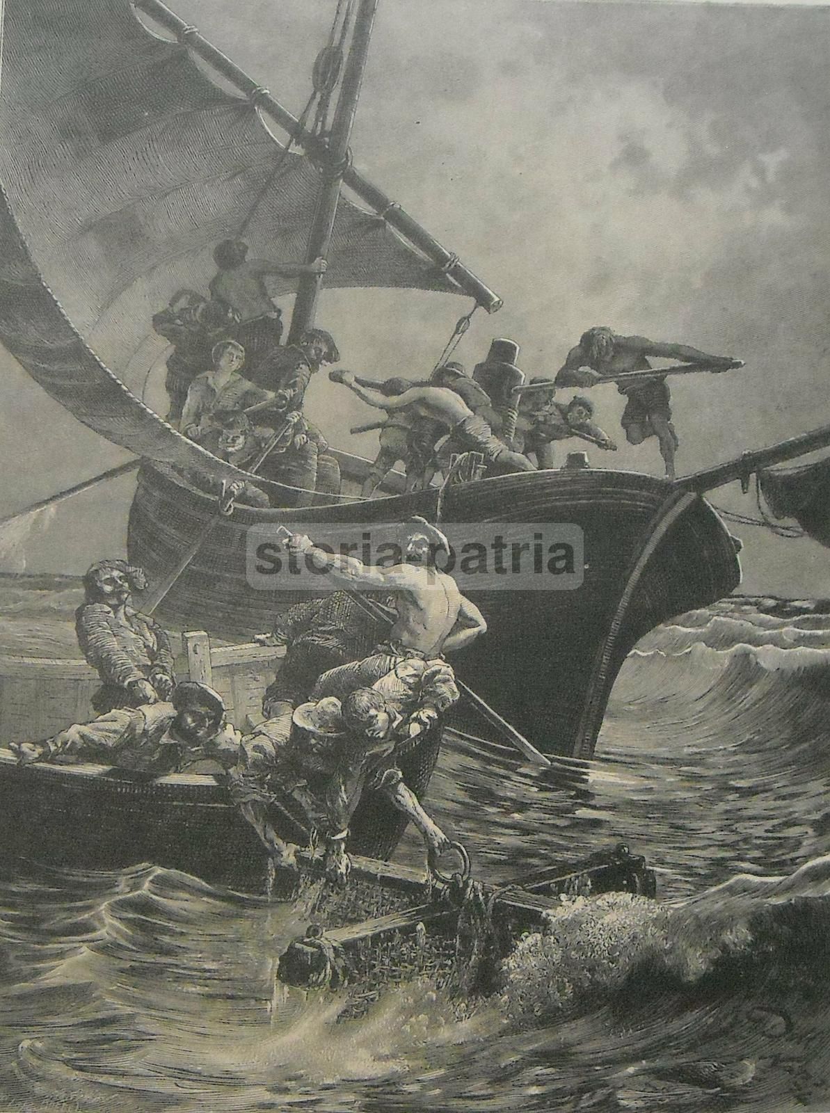Stampa Antica Pesca Del Corallo, Napoli 1874, Mare In Burrasca