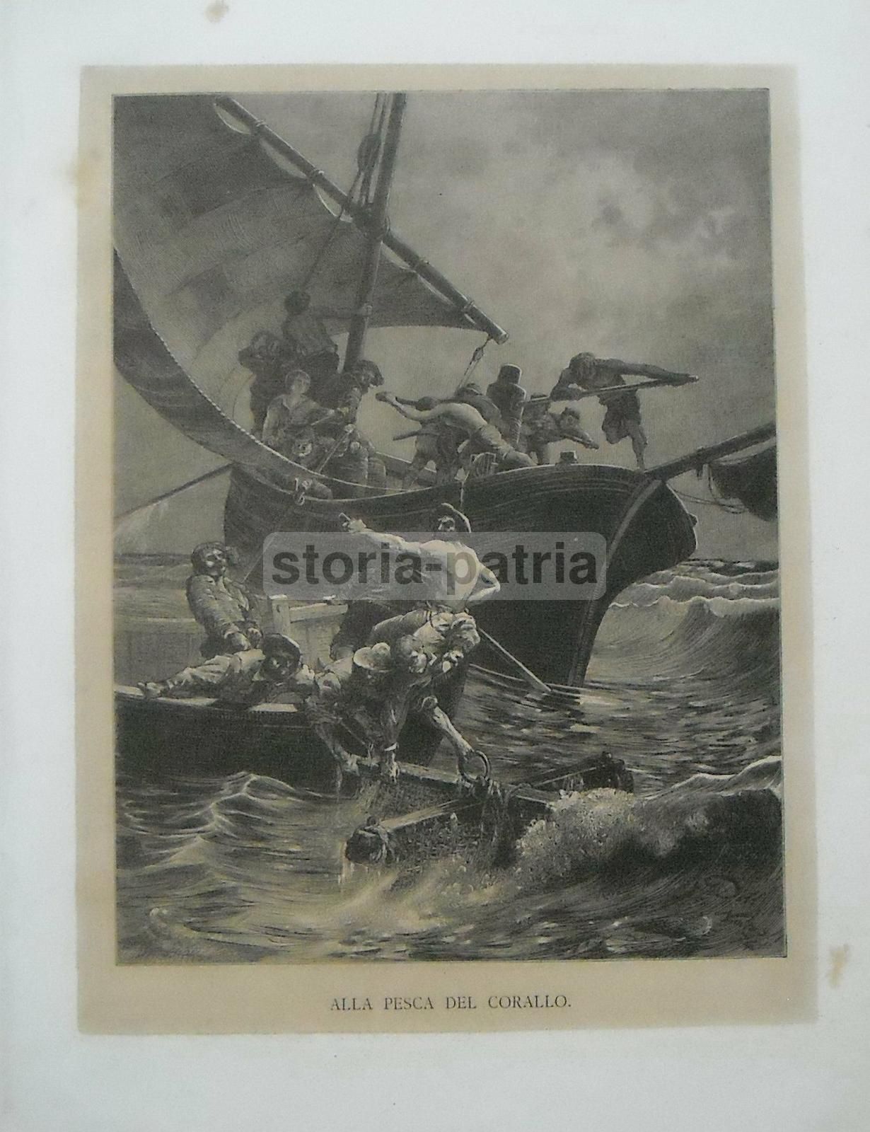 Stampa Antica Pesca Del Corallo, Napoli 1874, Mare In Burrasca