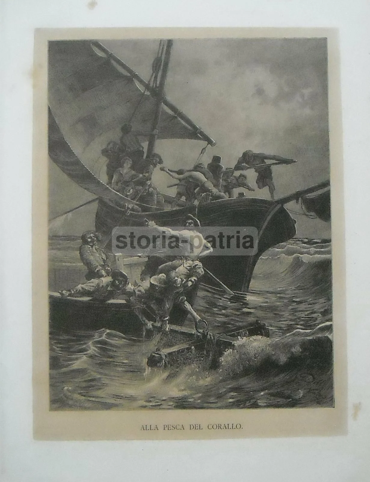 Antique Print, Coral Fishing, Naples 1874, Stormy Sea