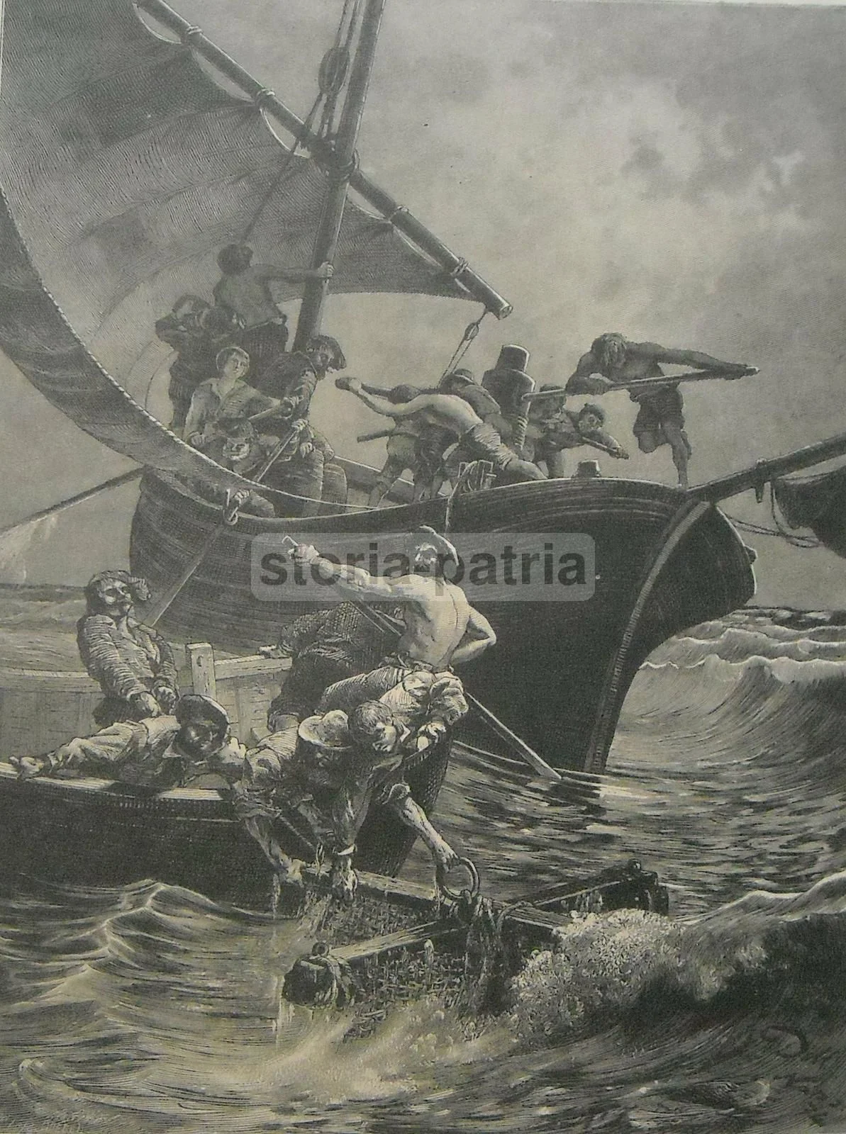 Antique Print, Coral Fishing, Naples 1874, Stormy Sea
