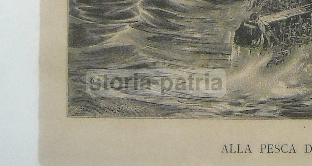 Antique Print, Coral Fishing, Naples 1874, Stormy Sea