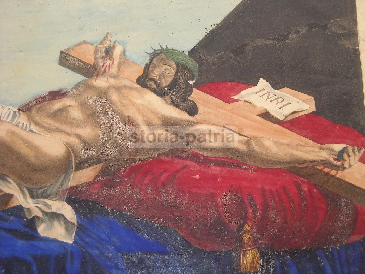 Stampa Devozionale Crocifissione Gesù Vexilla Regis Colorata '800