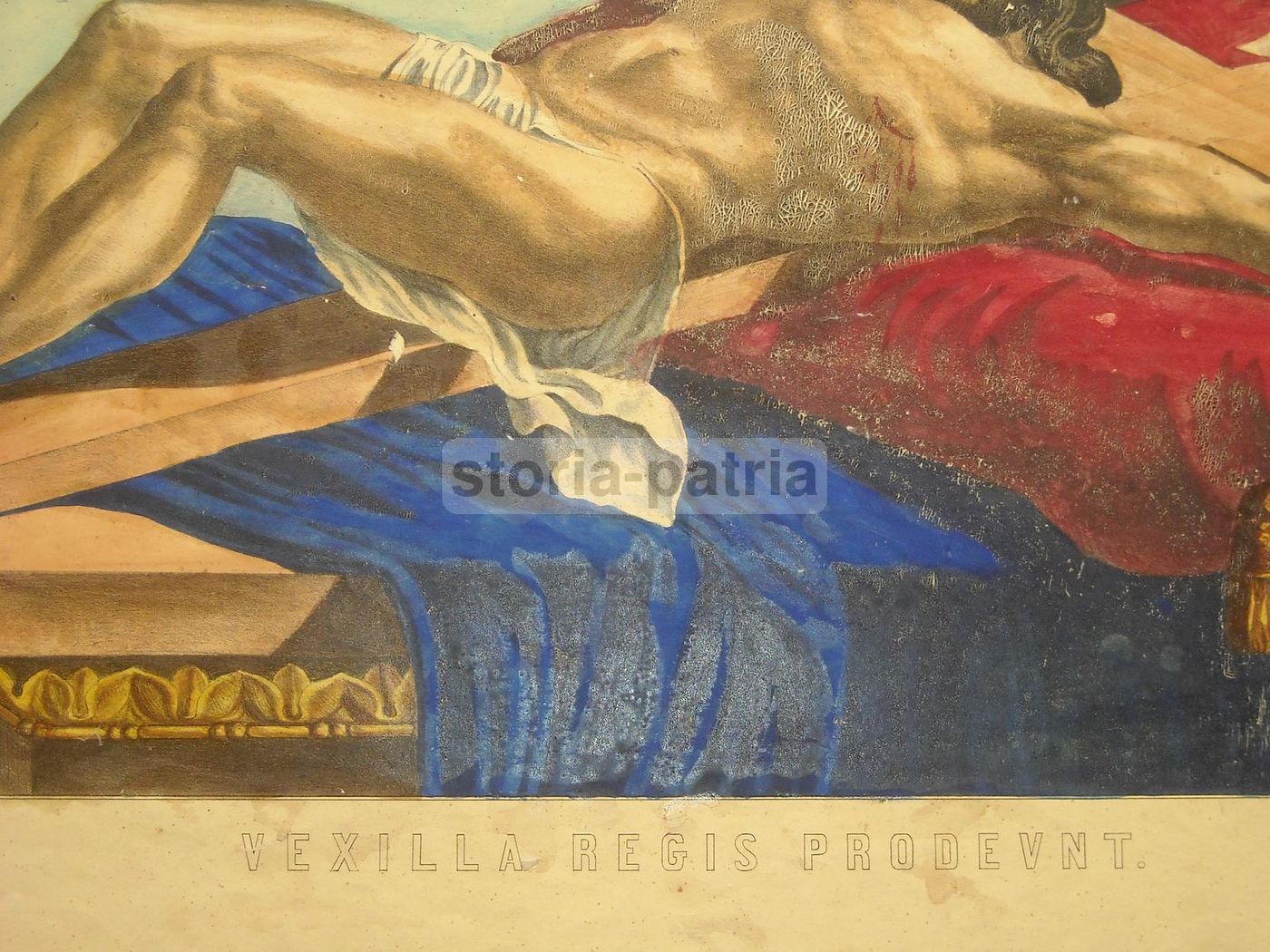 Stampa Devozionale Crocifissione Gesù Vexilla Regis Colorata '800