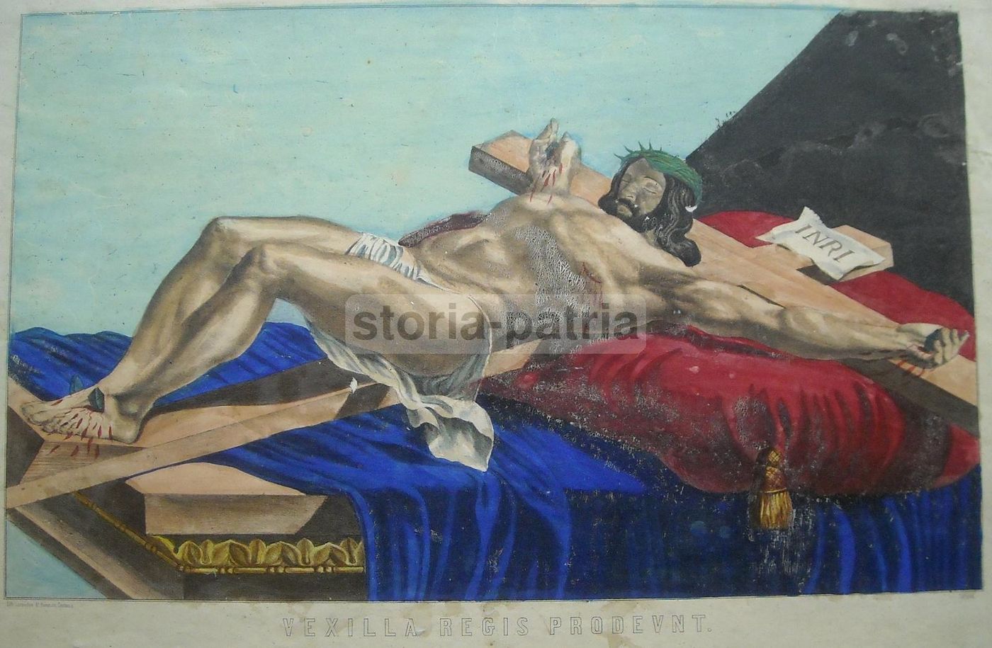 Stampa Devozionale Crocifissione Gesù Vexilla Regis Colorata '800