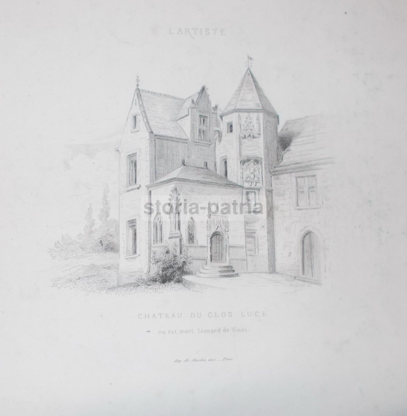 Stampa Antica Chateau Du Clos Lucé Leonardo Da Vinci Geoffroy 1800